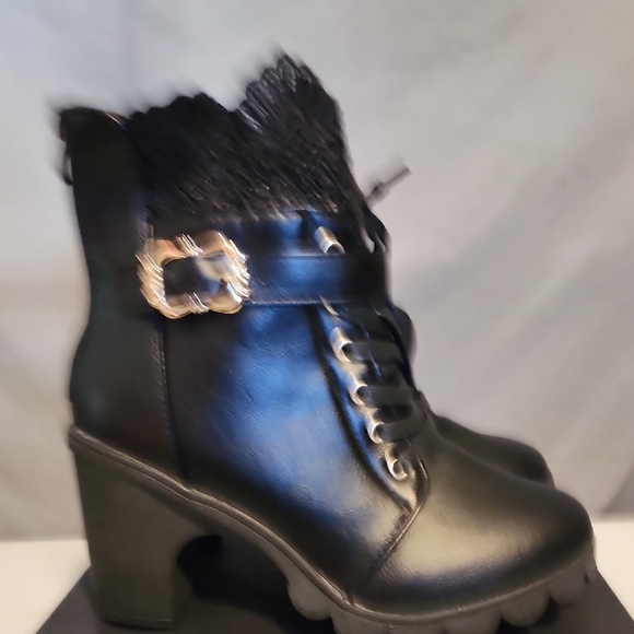 New Black Lace-Up Boots with Gold Buckle - Picture 3 of 7
